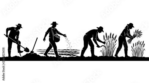 Photos Silhouettes of farmers performing various agricultural tasks in a field