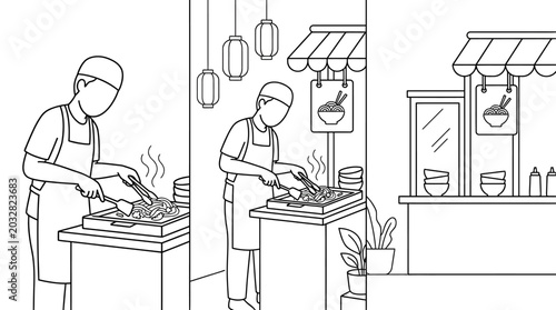 Foto Line art illustration of a street food vendor cooking at a stall.