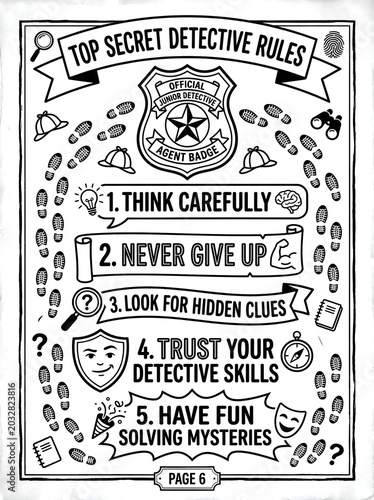 Illustrated infographic guide featuring top secret detective rules for kids with motivational tips on thinking carefully, perseverance, and problem-solving in engaging black-and-white sketch style