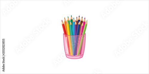 Colorful pencils in a pink cup on a white surface