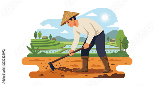 Valokuva A dedicated farmer wearing a traditional conical hat working in the soil with a hoe