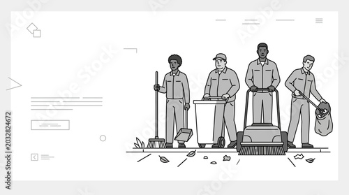 Quadro su tela A diverse team of professional cleaners working together to maintain urban street cleanliness