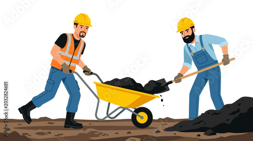 Bild auf Leinwand Two construction workers collaborating to move soil with a wheelbarrow on a job site