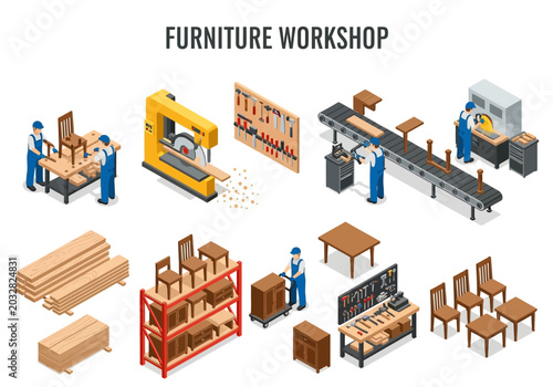 Isometric view of a furniture workshop featuring woodworking machinery, tools, materials, and employees engaged in production