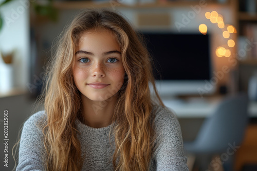 Young girl with long hair and blue eyes.