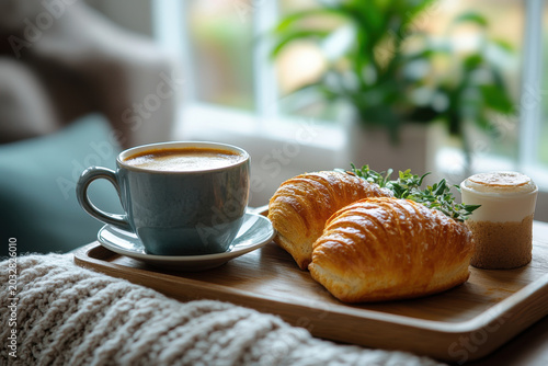 Coffee cup and croissant on tray.