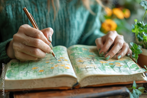 Woman writing in a book with a pen.
