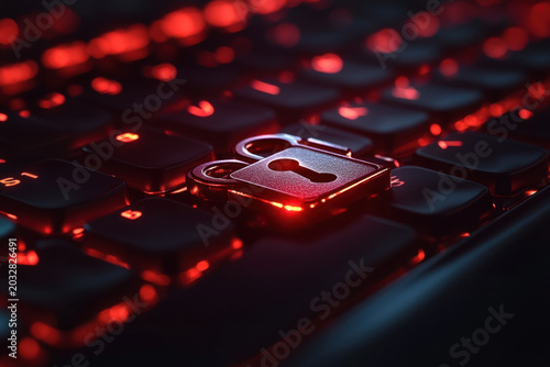 Red glowing key on black keyboard.