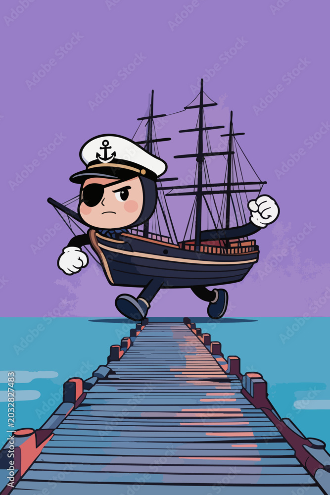 Obraz premium Anthropomorphic Pirate Captain Sailor Running on Wooden Pier