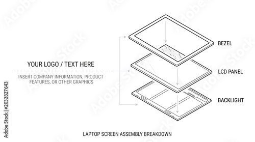Cuadro en lienzo Technical diagram showing the exploded view of a laptop screen assembly components