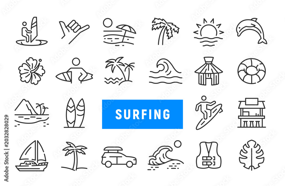 Fototapeta premium Surfing icons. Large set of surfing trendy minimal icons. Wave, surfboard, beach, palm, sunset, ocean, island icons. Design for web, mobile app. Vector illustration