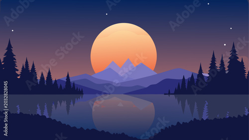 Full moon rising over calm lake with pine trees at dusk