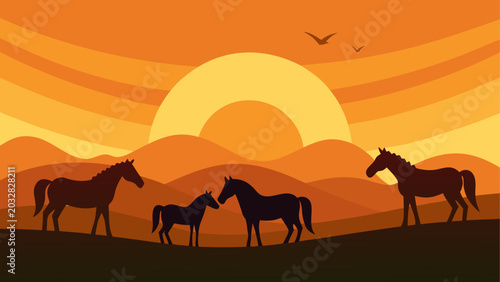 Fotografi Wild horses running at sunset on a desert plain