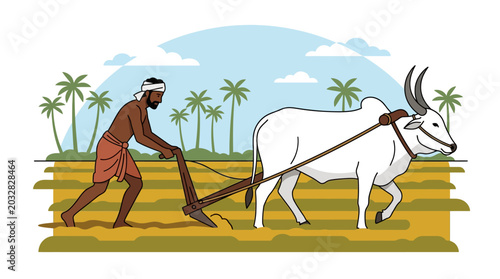 Bilde på lerret A farmer plowing a field with a white bullock in a traditional agricultural setting