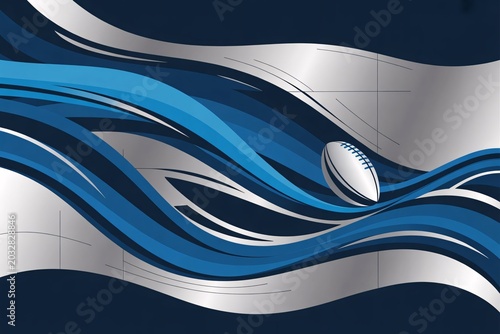 American football ball on abstract blue and silver wavy background