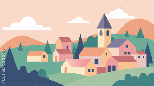 Bild auf Leinwand Colorful fantasy village with houses and trees on a hill