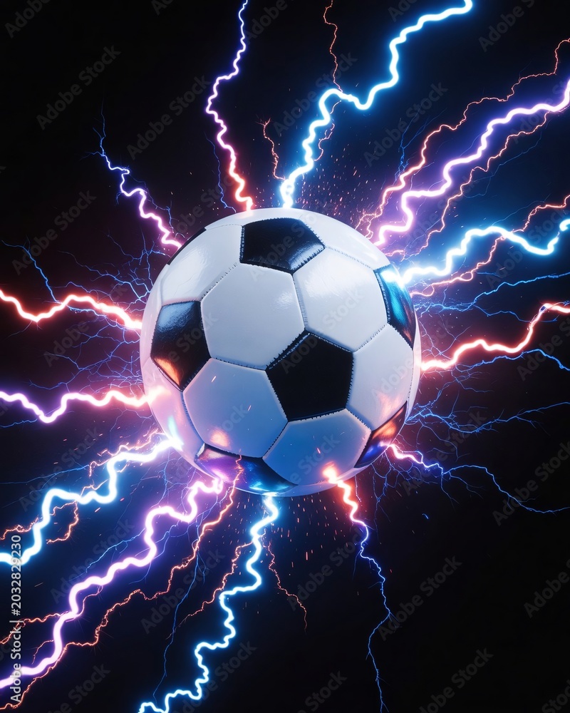 Fototapeta premium Soccer ball with bright electric lightning flashes on dark background
