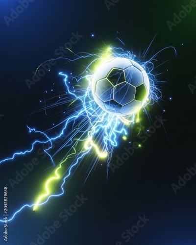 Soccer ball flying with bright blue and yellow lightning energy bolts
