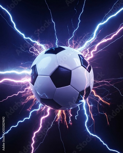 Soccer ball surrounded by bright electric blue lightning energy bolts