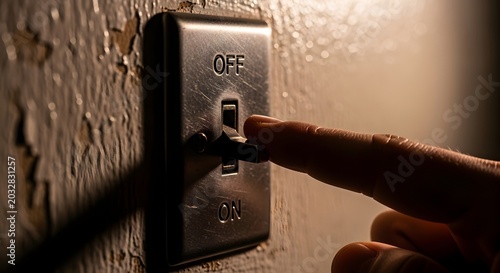 Finger flipping an old metal light switch from ON to OFF position on a textured wall