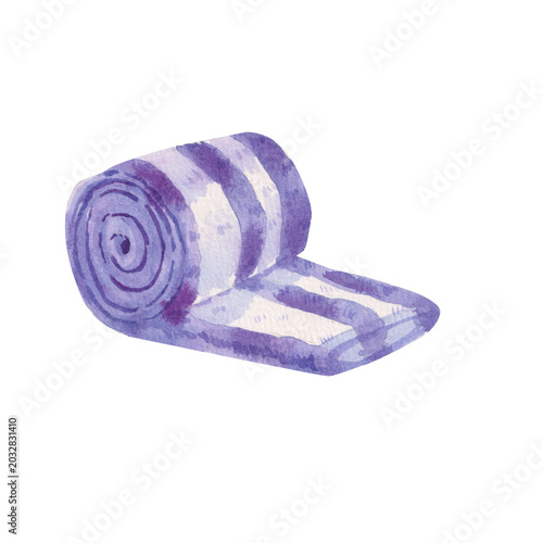 Watercolor illustration of a rolled beach towel with lavender and white stripes isolated on white background. Hand painted summer clipart for resort branding, spa decor and travel poster