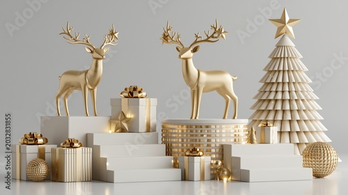 3D render, Merry Christmas and happy new year background with podium, decorated with luxury elements golden reindeer, gift boxes and Christmas tree.