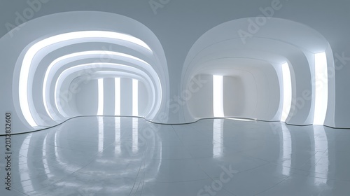 360 degree full panorama environment map of white minimalistic studio environment with bright lights and reflections 3d render illustration hdri hdr vr virtual reality. 3D Illustration