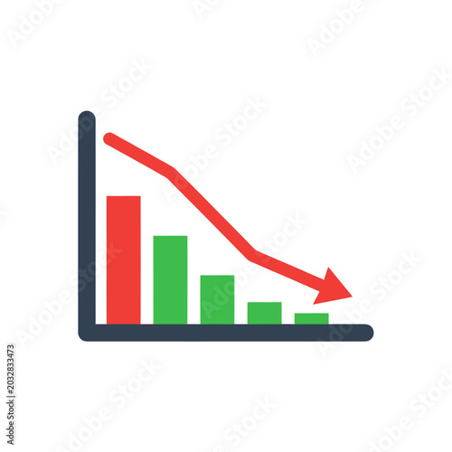 Decreasing bar chart with red arrow.
