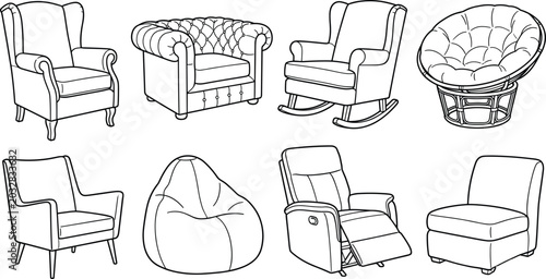 Fotografie Home Living Room Armchair and Sofa Furniture Icon Set Featuring Chesterfield, Re