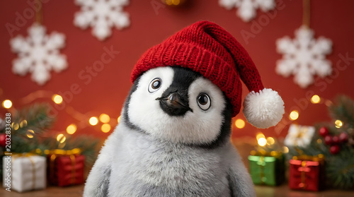 Adorable Emperor penguin chick wearing red Santa Claus hat glancing upward against festive scarlet backdrop for Christmas holiday winter season celebration and cheerful greeting card concept.