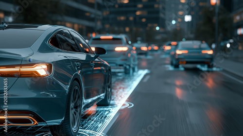 Autonomous smart car goes on the road in traffic. Scans the road, observe the distance. Future concept.