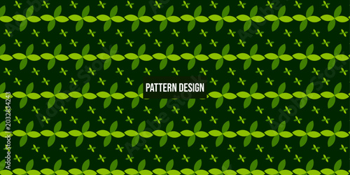 Dark green leafy pattern design with repeating rows of leaves and text