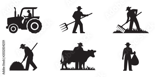 Foto Agricultural icons collection featuring farmers working with tractors hay pitchforks and cows for modern farm branding and organic produce industry designs