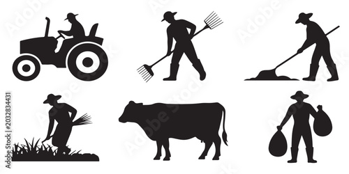 Foto Farming silhouette set with various agricultural scenes including tractor operator field laborer with pitchfork cow livestock and harvesting workers