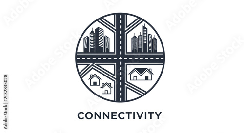 Minimalist circular connectivity logo featuring city skyline and suburban housing with intersection road grid.