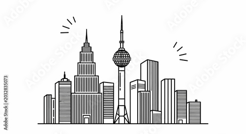 Fotografi Black and white line art illustration of a modern city skyline with a landmark tower