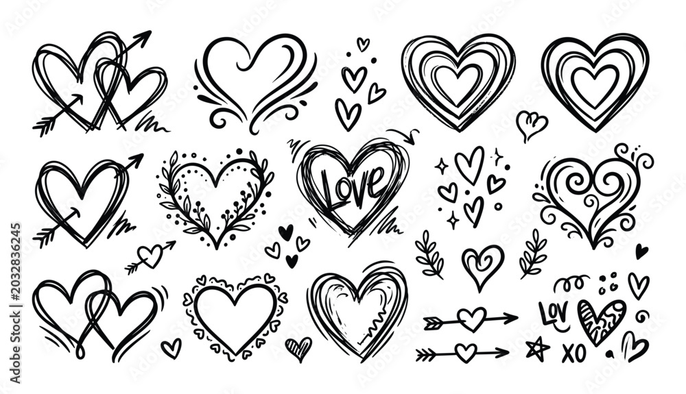 Obraz premium Hand drawn heart collection with arrows floral elements and love typography