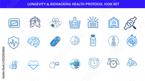Longevity and biohacking line icons for cellular health optimization anti aging protocols and metabolic wellness science