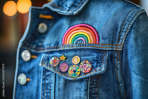 Denim jacket with rainbow patch.