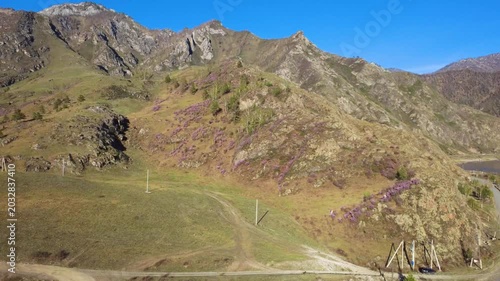 Colorful Hillside Trail For Adventurers. Bright Spring Landscape Featuring Offroad Trails And Mountain Views. Lush Hillside Crossing With Purple Bushes And Expansive Mountain Scenery For Explorers