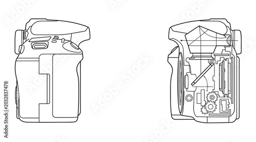 Tableau sur toile Technical line art illustration showing the internal mechanism of a digital single lens reflex camera