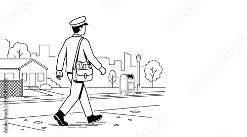 фотографія A line art illustration of a mail carrier walking down the street with a satchel