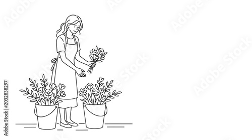 Foto A line art illustration of a female florist arranging flowers in buckets