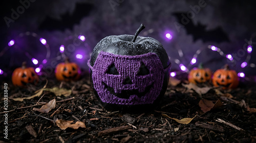 Mysterious dark cursed fruit showcasing a knitted lilac yarn disguise perched on damp earth, positioned against an eerie plum background for a gothic October holiday and haunting aesthetic.