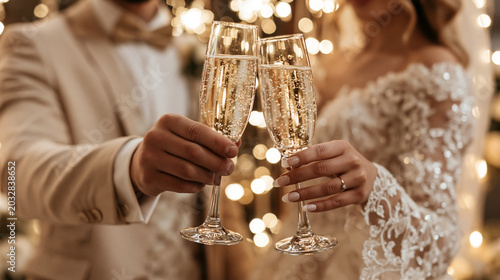Bride and groom toasting champagne glasses at wedding reception with golden bokeh lights and elegant romantic celebration atmosphere