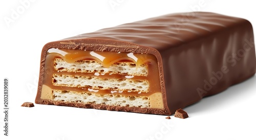 Chocolate Wafer Bar with Caramel Filling on White Background