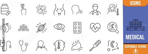 Medical health conditions symptoms vector icons. pill icon set, stethoscope icon set, thermometer icon set