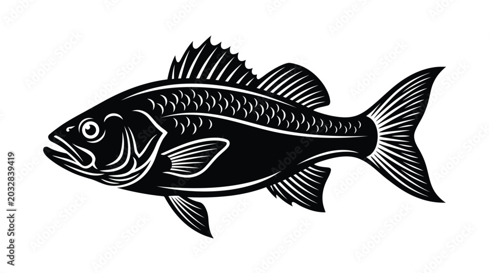 Fototapeta premium Detailed black and white graphic illustration of a swimming fish facing towards the left side