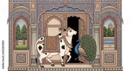 Traditional Indian Miniature Painting of a Sacred Cow and Peacock at Palace Entrance.