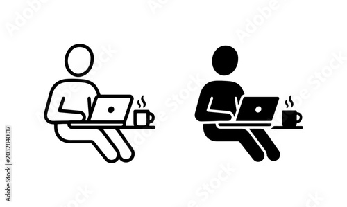 Tableau sur toile Minimalist Person Working on Laptop with Coffee, Icon Set
